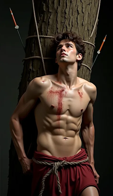 Create a realistic, super detailed, cinematic and dramatic full-body image of Saint Sebastian. He is a young Roman soldier, but not very strong and aged between 20 and 30, tied face down with thick ropes to an elm tree trunk. His body, pierced by large arr...