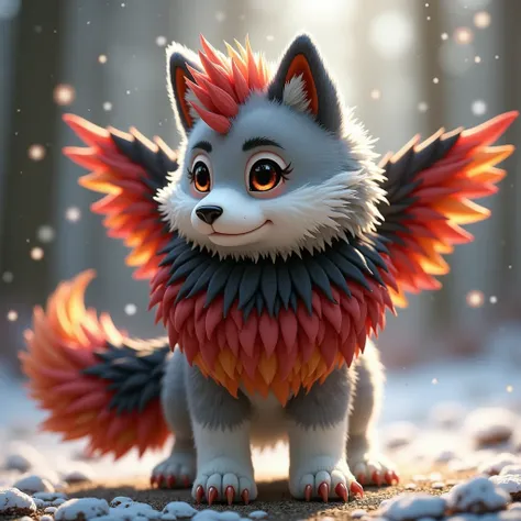 cute male wolf pup with a very big fluffy, lavish, soft grey and blackish-red fur with a big fluffy lavish soft mane around his neck in the colors red and black with a little bit of orange and yellow with a white under belly and paws and a big fluffy soft ...