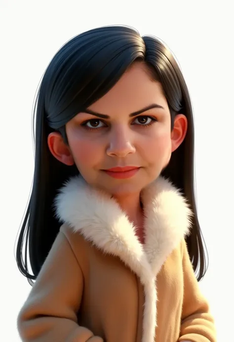  Create a Pixar-style female Disney character, with straight black hair, well arched brow ,  a bit chubby ,  fur coat with white background