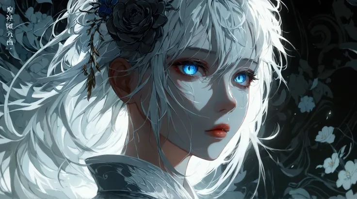 Woman, white skin, medium white hair, three bright blue eyes, cold and elegant expression, wearing an elegant white japanese -style dress, dark night background, "a piece of style anime, 2D animation style, dramatic illumination , thin lines, impressive fe...