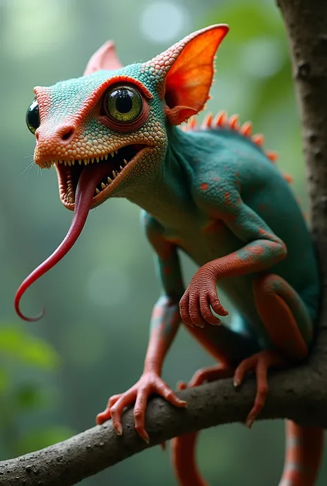 humanoid with color-changing, scaled skin and bulging, rotating eyes. Their long, prehensile tongue can grab objects, and their fingers are zygodactyl, aiding in climbing. Their tail is coiled, allowing them to hang from branches.