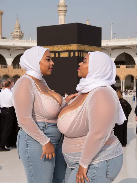 xlgirls, a black woman in the house wearing jeans@Layla Ahmed and @Zara Malik, two curvy lesbian women wearing niqabs, are positioned in front of the Kaaba. They are engaged in a hot, erotic kiss, showcasing their large breasts and voluptuous bodies. Both ...