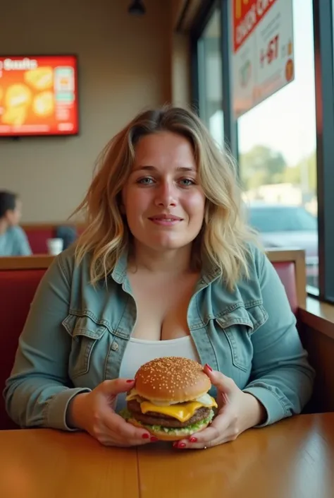 Selfie perspective (((instagram-Foto))) dirt blonde short wavy hair, (stark), who is considered a fat and a loser, she is wearing a casual set w cold colored clothing in the macdonalds while eating a burger. She smiles as she poses for the picture with a b...