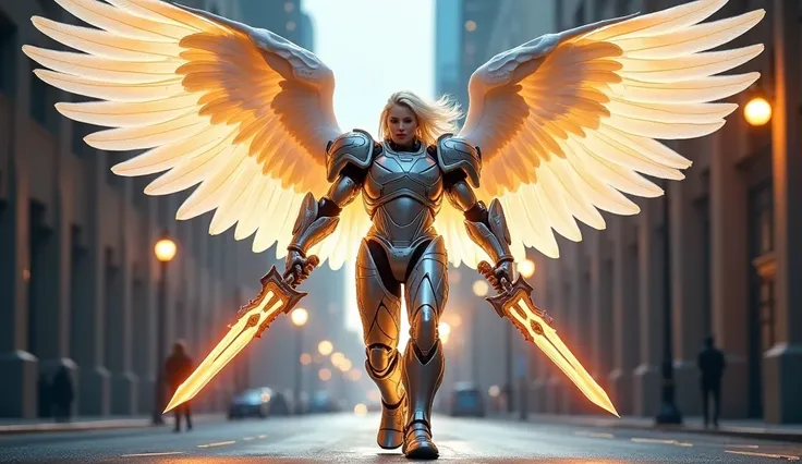 Wide-angle photograph, of powerful high-tech male angel, with mechanical power armor, shining hair, large radiant luminescent mechanical wings spreading wide open, big energy sword on the right hand and big energy shield on the left hand, in the middle of ...