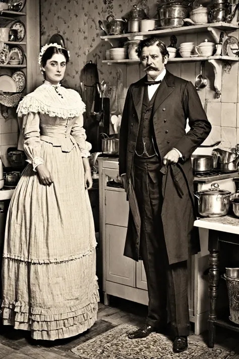 Buxom Victorian lady standing with a gentleman in her kitchen