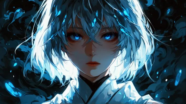 Woman ,, Hair medium hair, three bright blue eyes, cold and elegant expression, wearing an elegant white Japanese style dress, dark night background, "anime anime design of a piece, 2D animation style, dramatic lighting, lines thin, impressive features, im...