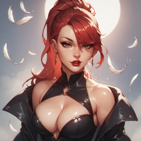 sexy woman,  red hair ,  ponytail hair ,  hair with cropped bangs covering both eyes , wearing black dress and short tight ,  wearing womens red open coat with white feather details, cleavage on the breasts, shiny skin, sexy mouth, sexy lips,  red lipstick...