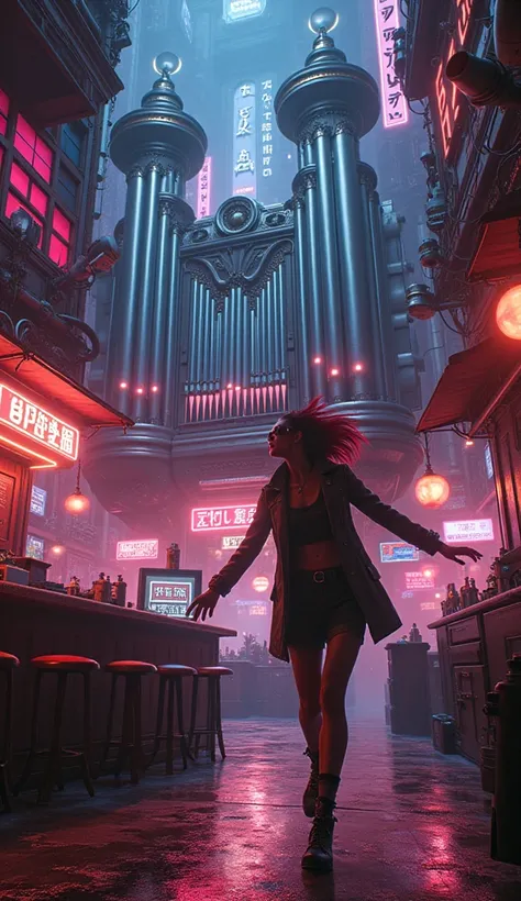  cyberpunk、 An organ in a pub Saizus pipe organ、Punk woman dancing happily 