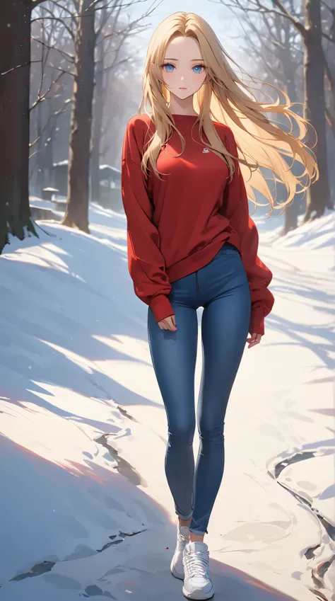 A youthful female with blue eyes and long blonde straight hair with perfect body:1.1 and medium breast. She is wearing a blue skinny jeans and blood-red sweatshirt with white sneakers. Outdoor setting in winter. Fashion photography. Looking at viewer. (Bes...