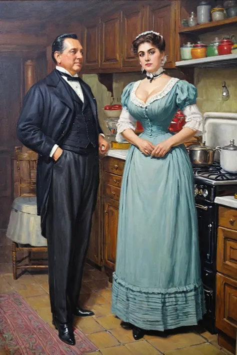 Buxom Victorian lady standing with a gentleman in her kitchen, oil painting 