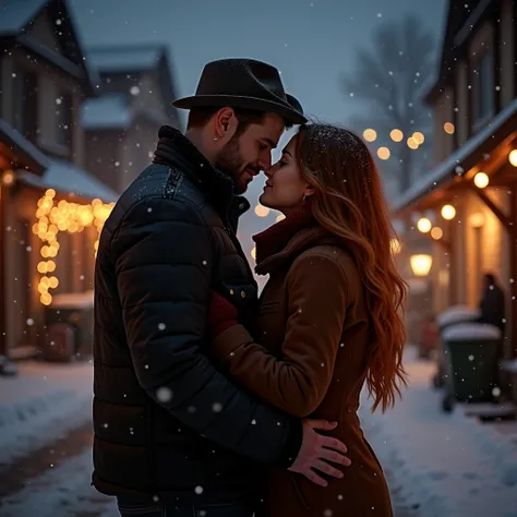  Couple in love on a Christmas night. Theyre not smiling . They are in love, they look into each other&#39;s eyes, Snow falls , They are in a beautiful town . The scene is very romantic .  They give each other a sweet kiss full of love.  She is dressed in ...