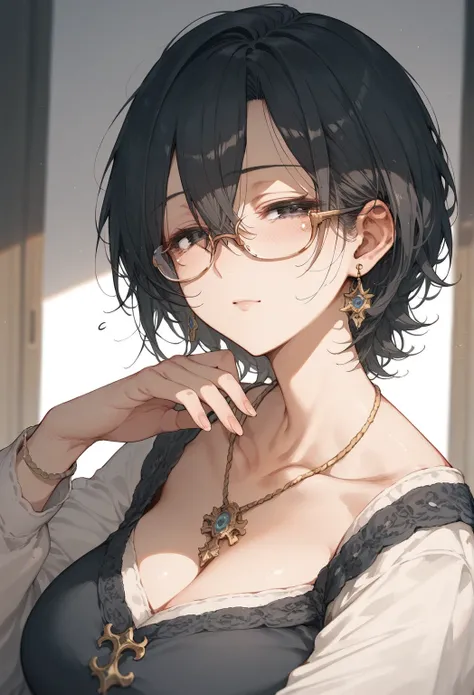 ((Highest quality)), ((masterpiece)), (detailed), (one girl), sexy, (((mature woman))), milf, neet girl, black short hair, bangs, hair between eyes, black eyes, sleepy eyes, semi-rimless glasses, slight blush looking at the viewer, 