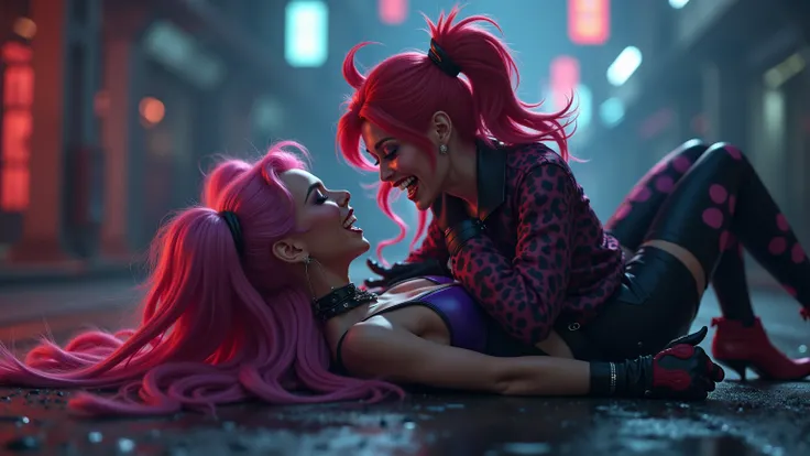 Vi and Jinx, League of Legends chaotic sisters, sharing a moment rolling on the ground with unbridled laughter, their facial expressions and body language radiating joy and mischief, set against a blurred, dimly lit, industrial-style background, reminiscen...