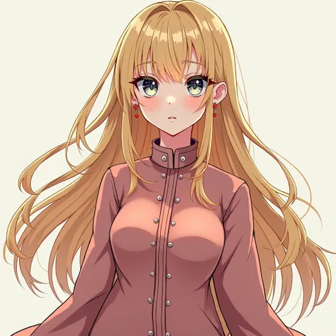 A girl,  long hair ,  Blonde hair , Grey eyes ,  anime style,  Kurta clothing,  looking at the viewer , ruby earring in one ear, big breasts , 