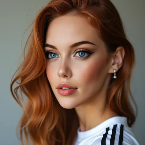 crie uma imagem desta mulher what esta na referencia whatro what ela esteja na frente de um espelho de academia tirando uma foto do corpo todo estando com roupas de academia da adidas com as descrioçoes de rosto a seguir " Her face is a combination of eleg...