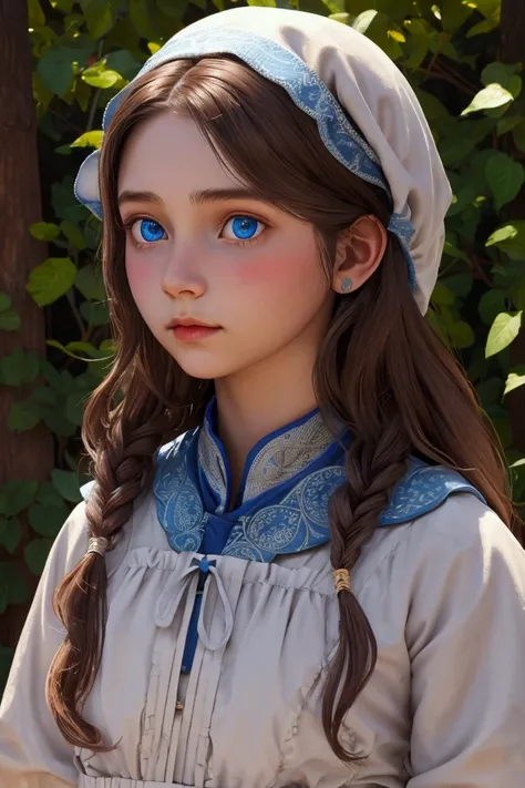 19th century girl , 18 years old, Ukrainian folk clothes,  long brown hair ,  blue eyes , Peasant woman. art.
