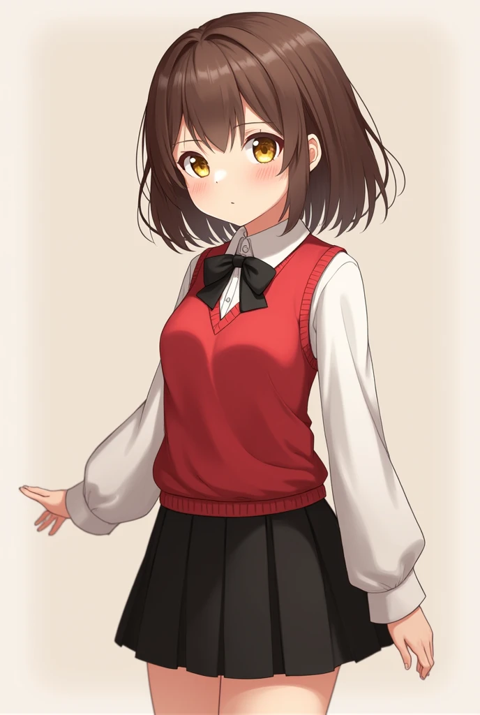 A brown-haired girl with yellow eyes and a red vest and a black bow on her chest and a white long sleeve shirt and a black skirt