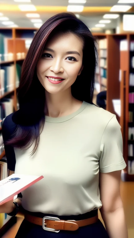 (UHD, anatomically correct, super detail, best quality, 8k, masterpiece)、 one woman、Librarian、30 years old、Neat clothes、 elegant hairstyle 、Pastel colored plain t-shirt and long skirt with belt、 big smile、 is placed in the center of the screen、 walking thr...