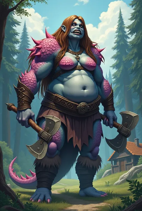  high quality, anime art style, monster woman,  Big fat body ,  long hair,  brown hair , furious facial expression,  sharp teeth, skin with shades of blue and gray ,  pink dragon scales on the skin,  wearing womens Viking clothing ,  holding two large axes...