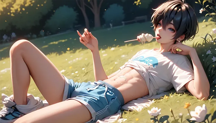 A skinny chinese femboy, younger than aged 13, he is at the park sits down near the flowers field with others young boys, wearing only his fancy colored t-shirts and shorts with some friends, he is looking sexy and cute, skinny body, sweet face expressions...