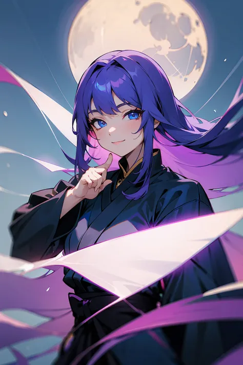 1female, Young, Long Hair, Violet Hair, Sea Blue Eyes, Smile, Moonlight, Moon, Ninja Outfit