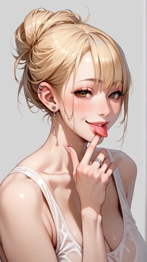 1girl, High Quality, High Resolution, Best Quality,Blonde Hair, Hair Bun, Large breasts, piercing ears, Blush, brown eyes,finger on lips, white tank, from saide, Seductive Smile,  naughty face