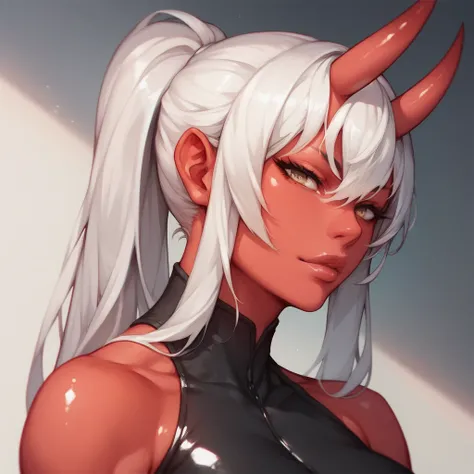 Sexy oni woman ,  red skin color , with red skin, Bright,  white hair,  ponytail hair , Hair with bangs hiding the eyes, Wearing tight black bodysuit, sexy mouth, sexy lips,  anime art ,  definite athletic physique, shiny skin