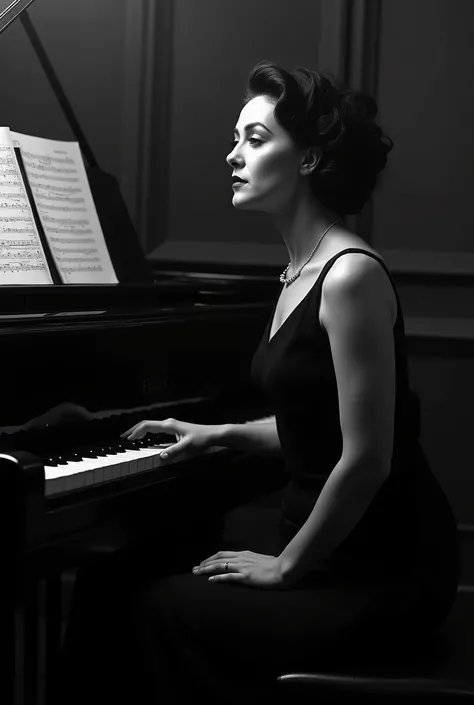 A black and white portrait of edith piaf seating next to the grand piano in the 1930s setting