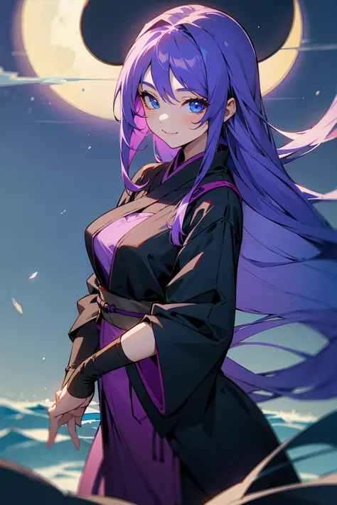 1female, Young, Long Hair, Violet Hair, Sea Blue Eyes, Smile, Moonlight, Moon, Ninja Outfit