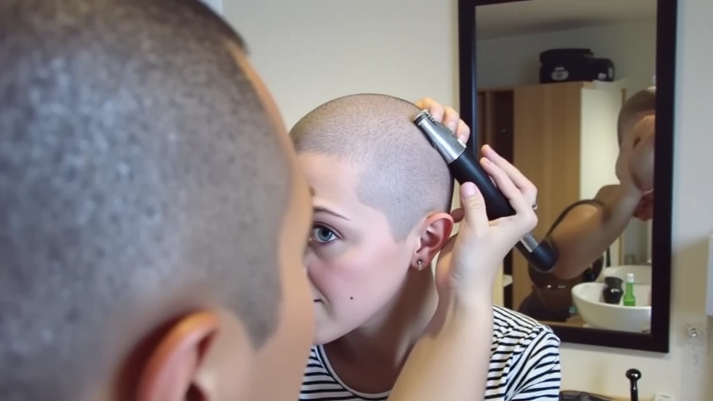 (((Bald woman getting her haircut, shaving her head bald with hair clipper))). looking at viewer.
