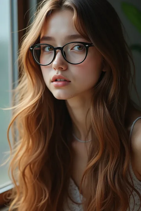 young adult,  realistic , Extremely long-haired,  light brown hair , brown eyes, slim, glasses
