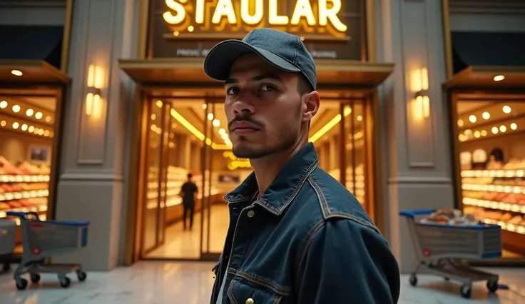 a young latin man with a fend cap, standing in front of the worlds most expensive and luxurious supermarket, beautiful detailed eyes, beautiful detailed lips, extremely detailed eyes and face, long eyelashes, sharp focus, photorealistic, 8k, hyper detailed...