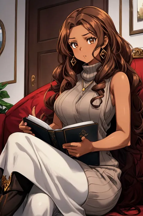 African American woman, hazel brown eyes, long curly brown hair, light brown skin. Shes wearing a grey sleeveless sweater dress with black ankle heel boots. Shes sitting on a couch in her apartment reading a book. This is the anime spy x family. 