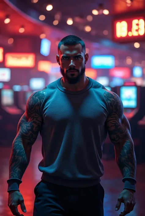 male, dominant and dark charisma, muscular, blue eyes, tattoos, wairs a grey pullover stands in a Casiono at night.
