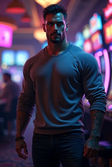 male, dominant and dark charisma, muscular, blue eyes, tattoos, wairs a grey pullover stands in a Casiono at night.
