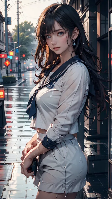  1 girl,   long black hair , sailor suit, shy, ,  wet, rain, transparent, (masterpiece,  top quality), Soft light,  cinematic composition , Cinematic Light