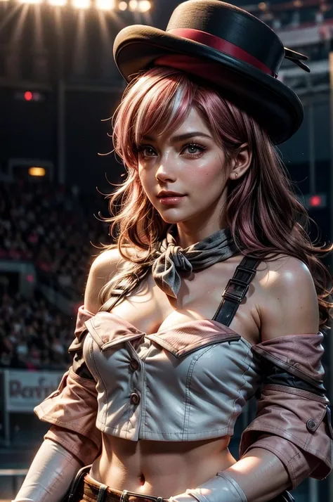 pink and brown hair, multicolored hair, neopolitanatlas, bowler hat, grey scarf, white gloves, white shirt, off-shoulder shirt, black sleeves, midriff, white belt, white pants, smile, sunny day, standing inside sport stadium in futuristic city, spectators,...