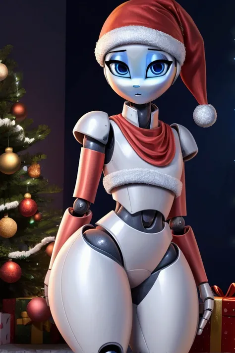 Small slender female robot with nice big thighs and nice blue eyes and shes a robot girl and shes very cute and shes in a Christmas theme.