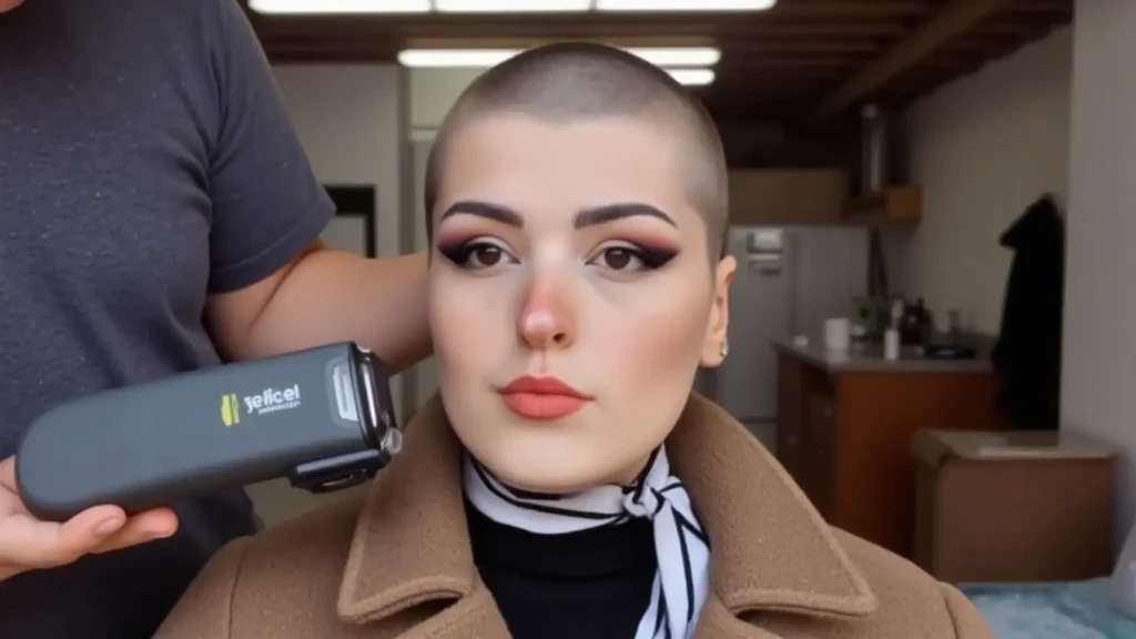 (((woman getting her head shaved bald))). (((shaving her head bald with hair clipper))). (((looking at viewer))).
