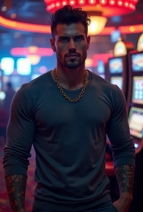 male, dominant and dark charisma, muscular, blue eyes, tattoos, wairs a grey pullover stands in a Casiono at night.
