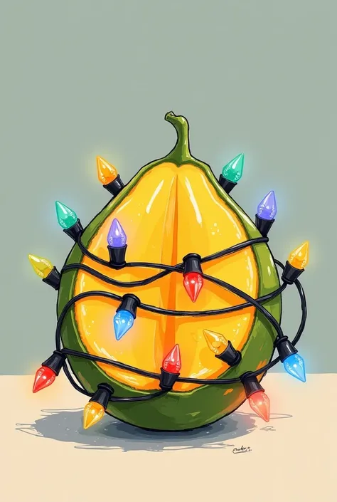  Logo of a coconut half wrapped in Christmas lights. Similar sketch-to-image generation , but change the fruit . and 2D. without faces, Not even smiles