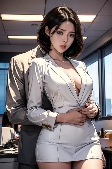 Luxurious,   A dark office with floor-to-ceiling windows where you can see the city skyline ,  Anna Katsuragi ,   Hall々 and a sophisticated 40-year-old billionaire   ,   Her young apprentice , Vivian 、  now shes wearing an elegant suit with a slightly dish...