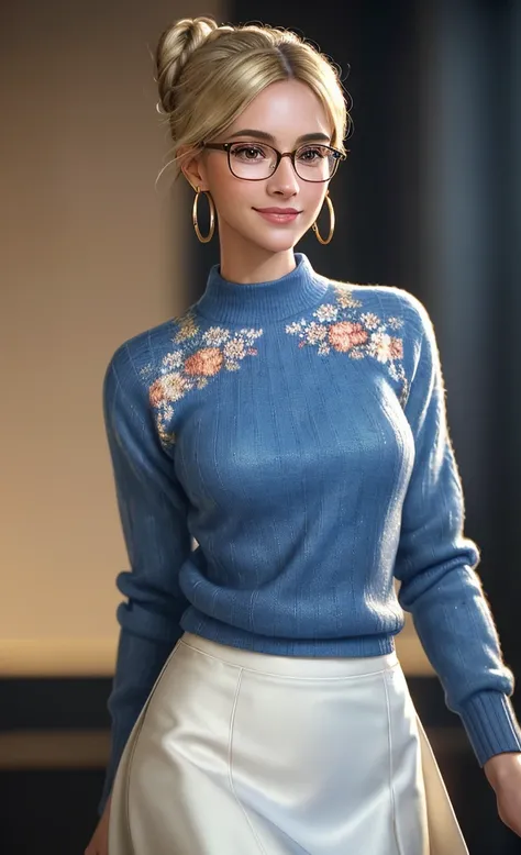 (masterpiece), (extremely intricate:1.3), (realistic), portrait of a beautiful girl, she is a teacher, the most beautiful in the world, glasses, dark eyebrows, blonde hair in a messy bun, doe eyes, sweet look, innocent look, (wearing a blue floral sweater:...