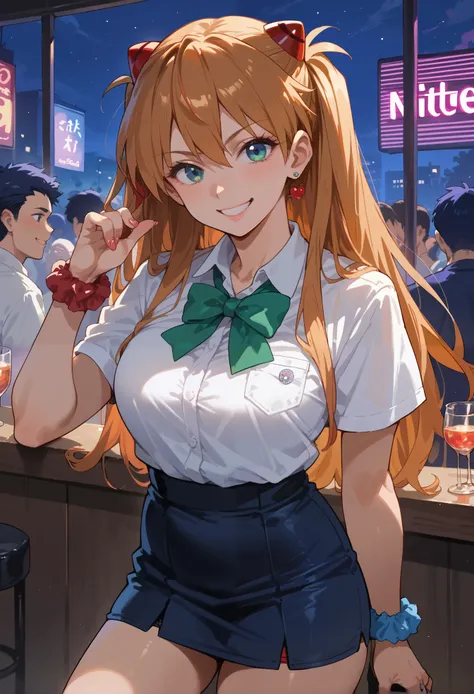 Asuka Langley Soryu, gyaru cosplay, alluring smile, nightclub, (night time), beautiful lighting,