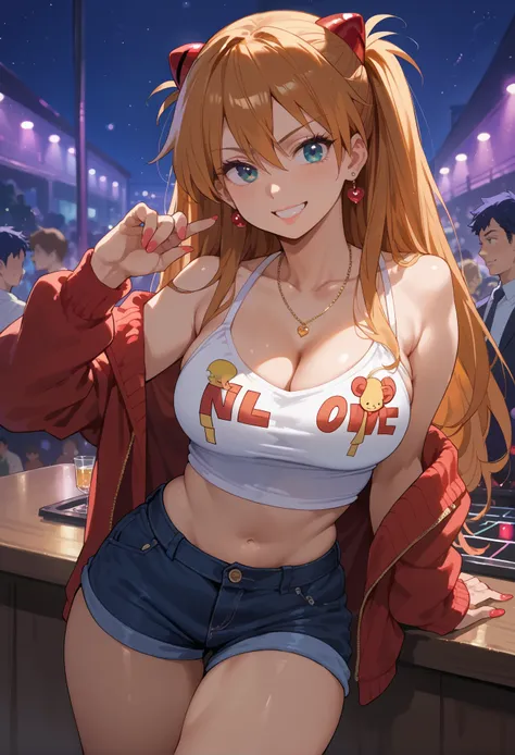 Asuka Langley Soryu, gyaru cosplay, alluring smile, nightclub, (night time), beautiful lighting,