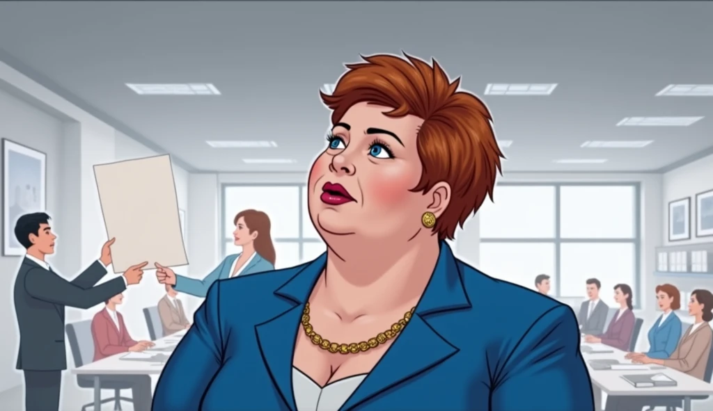 An adult fat woman with very short red hair with an overgrown pixie hairstyle is standing in the office.  There are people in business classes around her .  The woman is wearing a blue dress without a neckline , closed-type .  A woman has a gold chain arou...