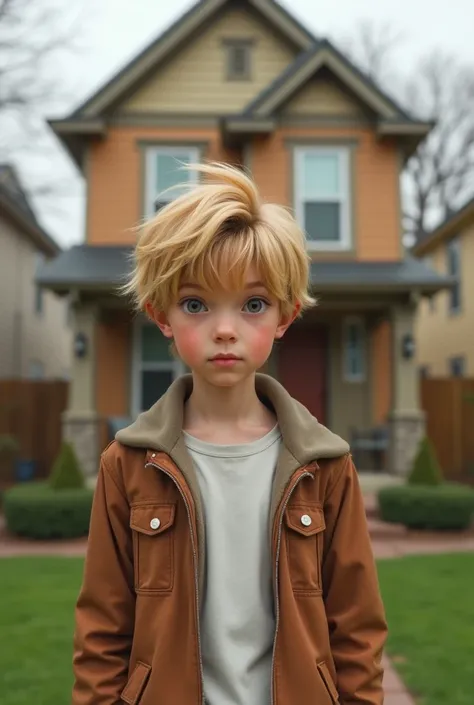 A 21-year-old boy with blond hair in front of his house