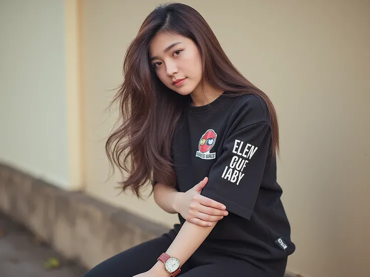 A young thai woman poses outside, exuding elegance and confidence  , She is biker girl ,sexy body and flirting,intricate cartoon patterns but no bra. she Her, dark long hair hair flows over introspective expression, creating a relaxed yet graceful pose. Th...