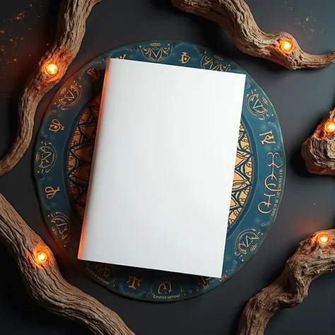 product mockup overhead shot of a plain white matte hardcover journal on a table decorated in fantasy style