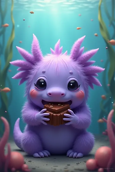 A purple axolotl eating chocolate in the sea as fuzzy and soft 